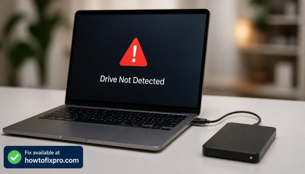External hard drive not showing Windows 11 with a "Drive Not Detected" warning on the screen – a common scenario when the drive fails to appear in File Explorer.