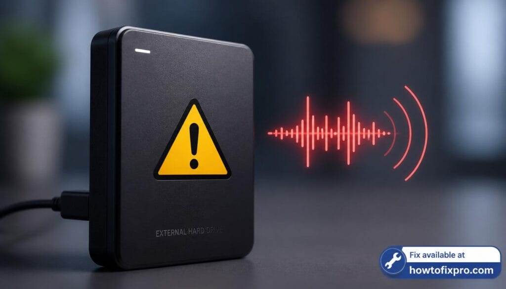 External HDD clicking noise with a warning icon – a common scenario when a hard drive fails mechanically.