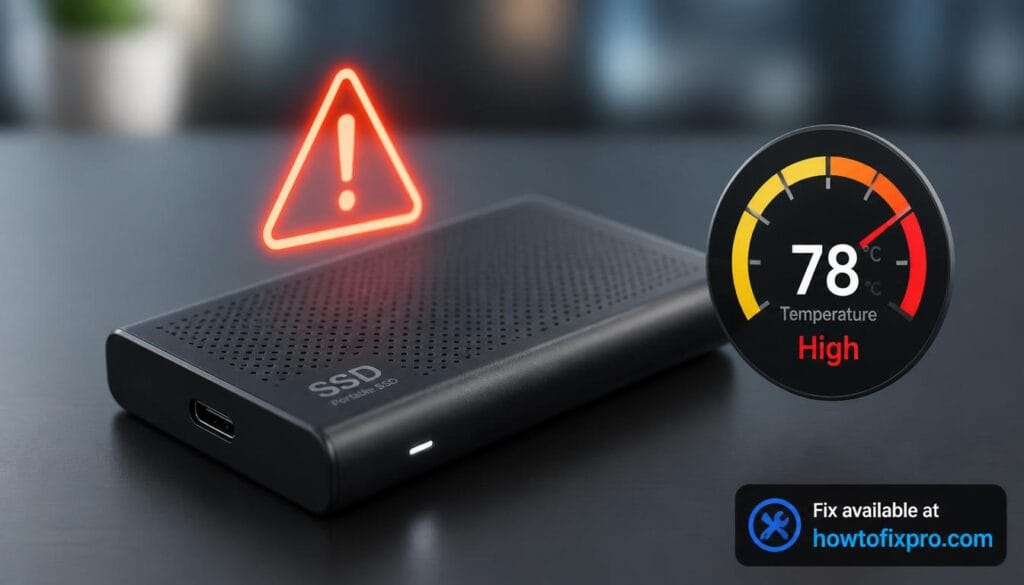 External SSD overheating during large transfers with a thermal warning on the drive – a common scenario when sustained file transfers cause overheating.