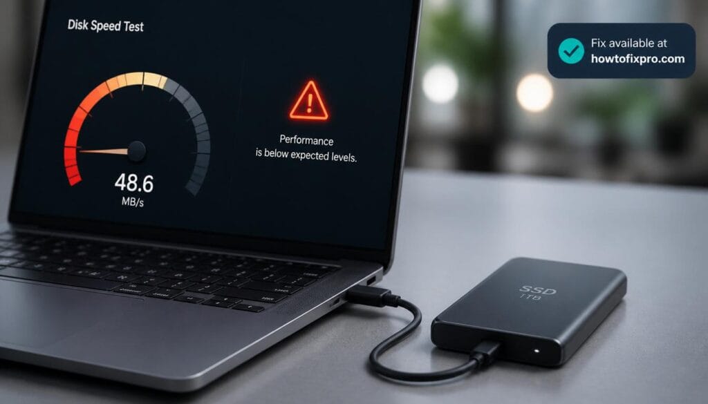 External SSD slow transfer speed on USB-C with a speed gauge showing low performance – a common scenario when the drive fails to reach its rated speeds.