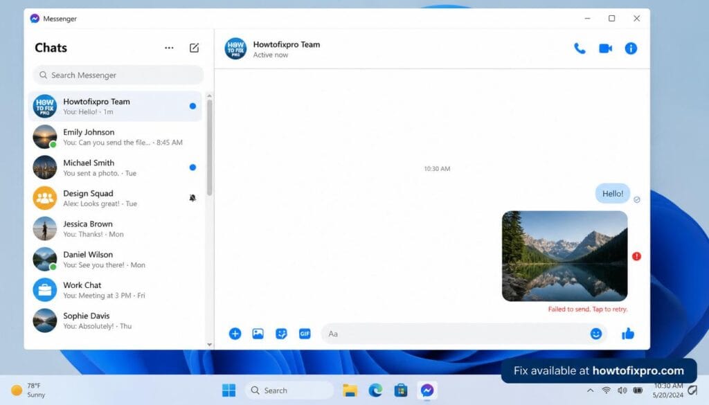 Facebook Messenger not sending photos with an error icon on an unsent image attachment.
