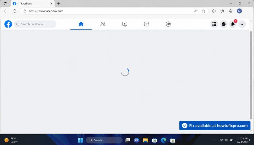 Facebook not loading with an infinite scroll freeze on a Windows 11 browser.
