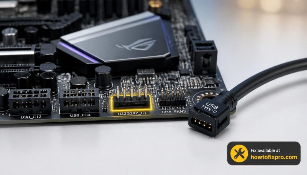 Front panel USB-C not working with a disconnected internal header cable on a motherboard – a common scenario when the front USB-C port fails.