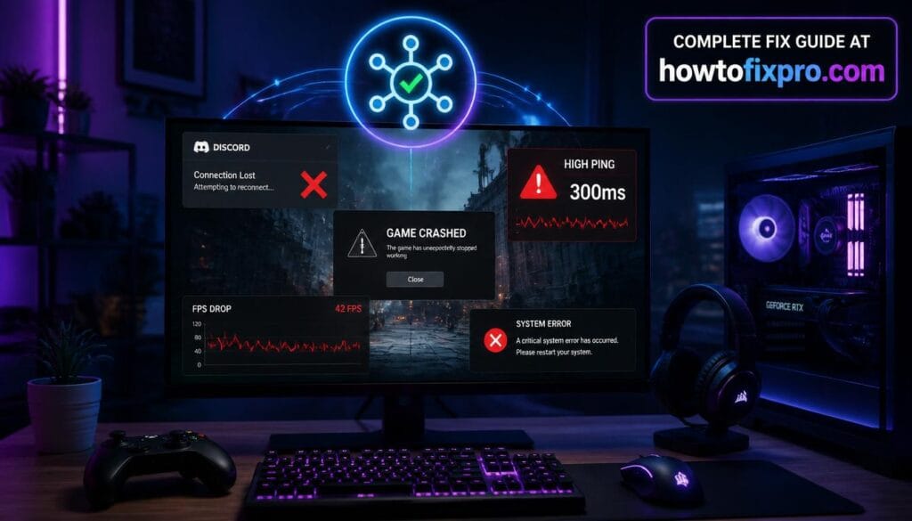 Gaming troubleshooting hub - computer screen showing game crash error, Discord overlay missing, high ping warning, FPS drop graph