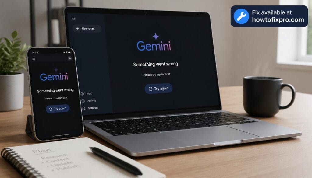 Smartphone and laptop showing Gemini app error message – a common scenario when Gemini app not working occurs