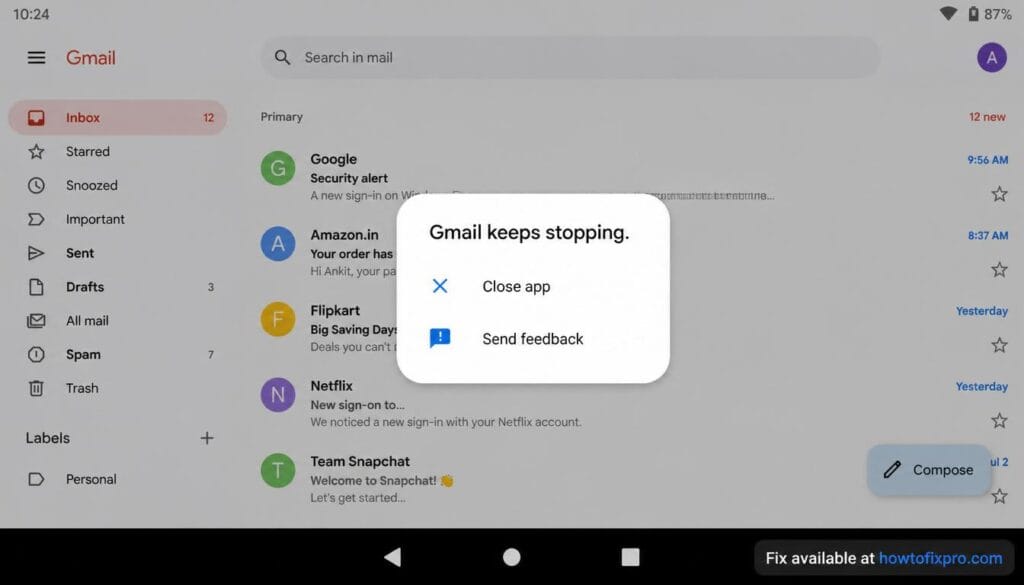 Fix Gmail app keeps crashing on Android phones
