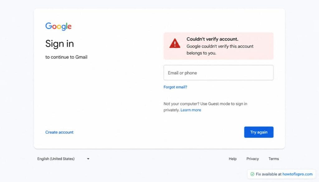 Gmail Couldn't Verify Account error on desktop and mobile devices