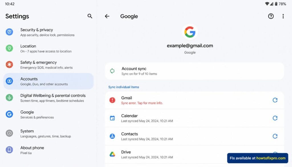 Fix Gmail sync error on Android with red exclamation mark in account settings