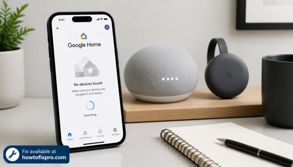 Smartphone showing Google Home app no devices found error – a common scenario when Google Home app not finding devices occurs