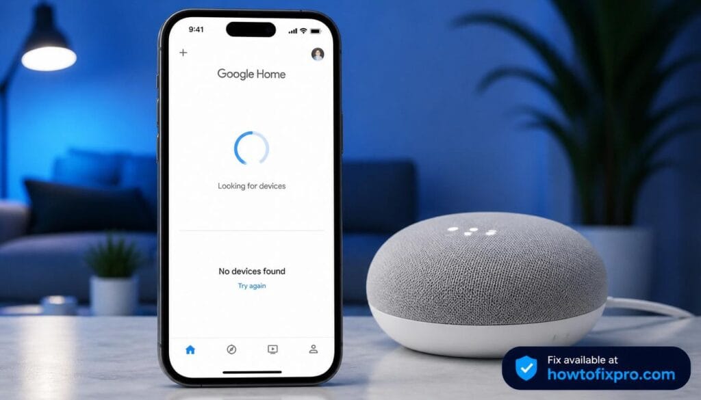 Google Home app not finding devices error on smartphone screen