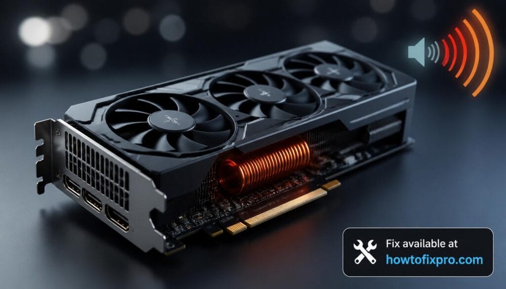 GPU coil whine with a sound wave icon on a graphics card – a common scenario when the GPU produces a high-pitched buzzing noise.