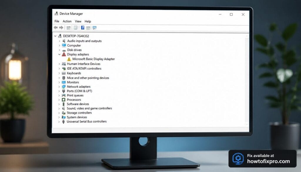 GPU not detected after Windows update with a missing display adapter in Device Manager – a common scenario when the graphics card disappears after an update.