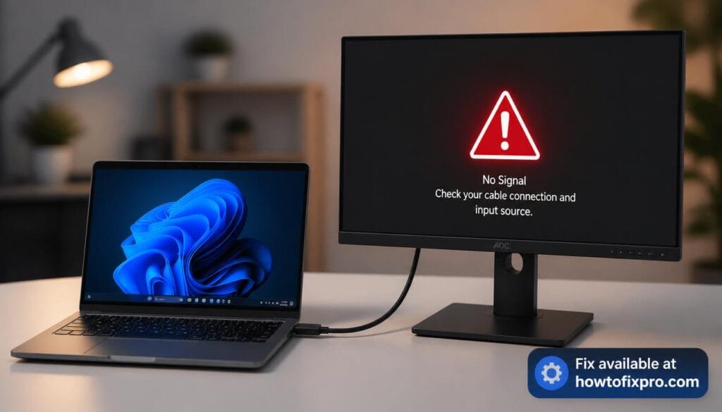 HDMI port not working on Windows 11 laptop with a connection error on the external monitor – a common scenario when the HDMI output fails.