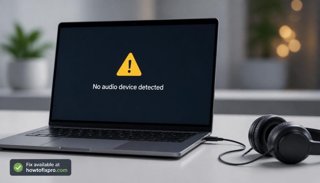 Headphone jack not working Windows 11 laptop with a "No audio device detected" warning – a common scenario when the laptop fails to recognize headphones.