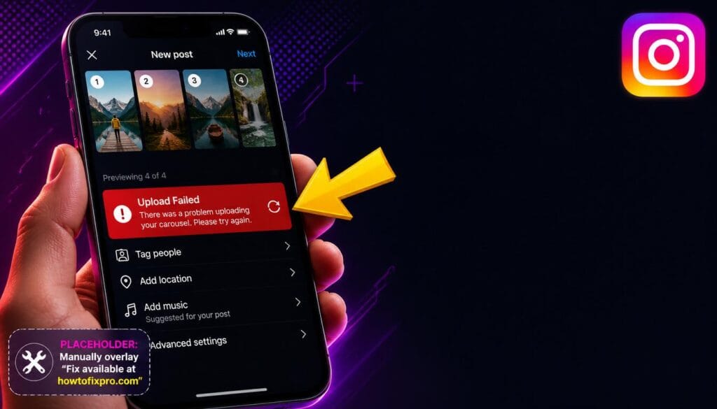Instagram carousel not uploading multiple photos with an upload failed error on the mobile screen.