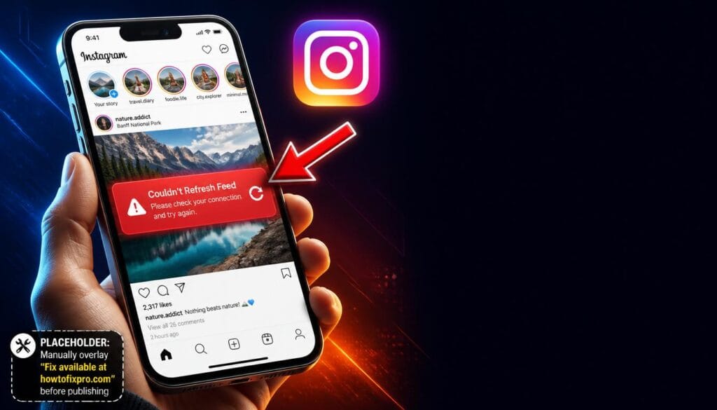 Instagram Couldn't Refresh Feed error displayed on a smartphone screen with a red error message.