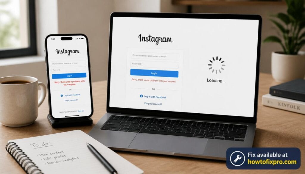 Smartphone and laptop showing Instagram login error message – a common scenario when Instagram login error occurs