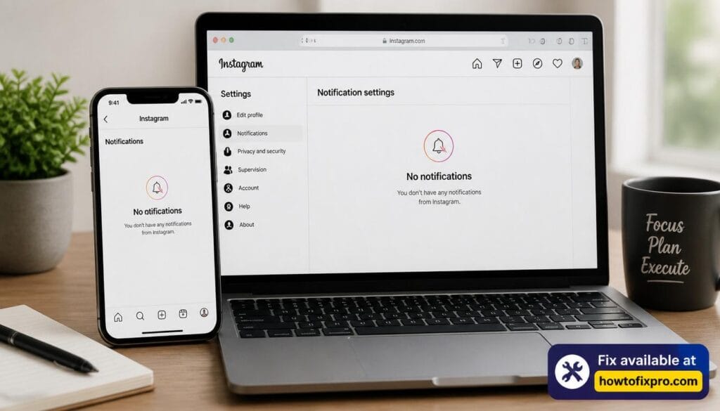 Smartphone and laptop showing Instagram notifications not working error – a common scenario when Instagram notifications not working occurs