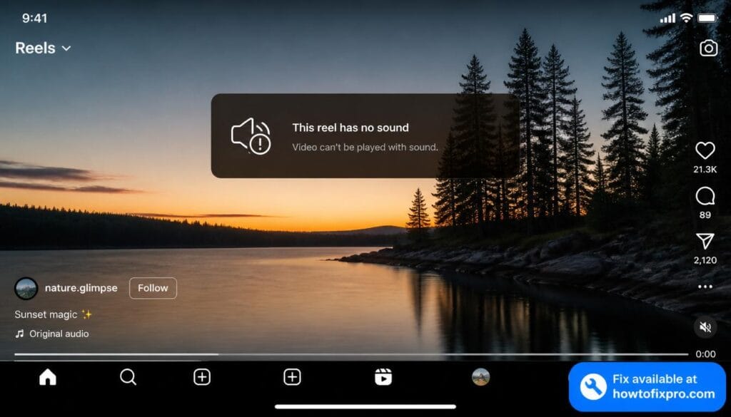Instagram Reels not playing sound with a muted speaker icon on the video screen.