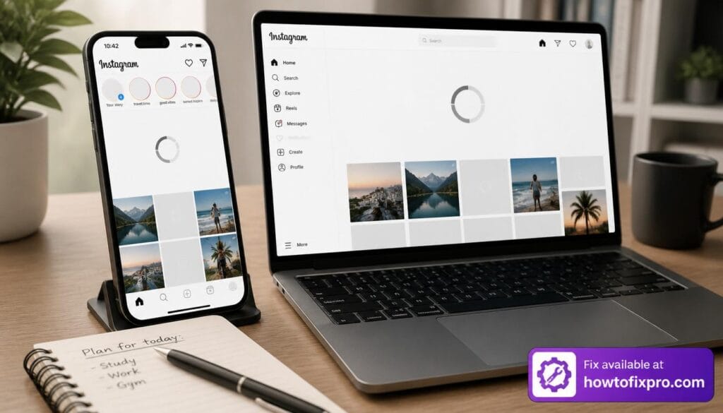 Smartphone and laptop showing Instagram slow loading with spinning circle – a common scenario when Instagram slow loading occurs