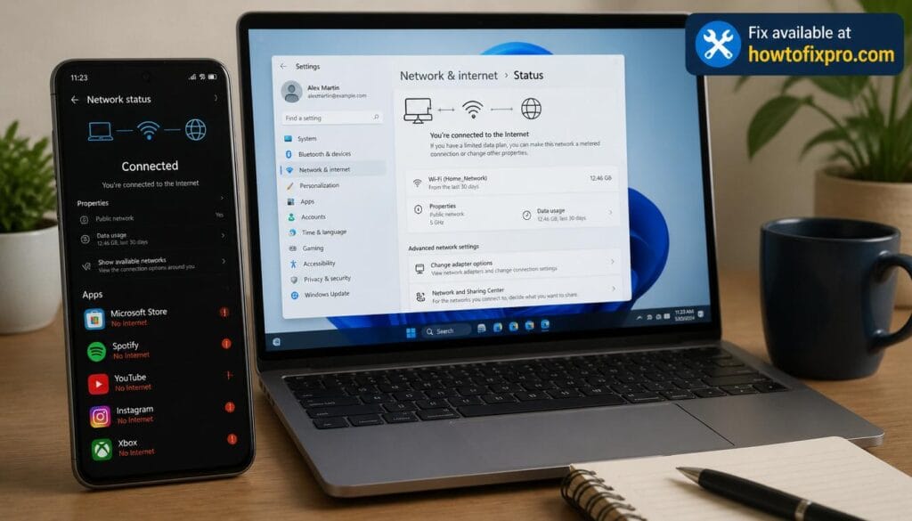 Smartphone showing Windows 11 connected to internet while apps show no connection – a common scenario when internet works but apps won't connect in Windows 11