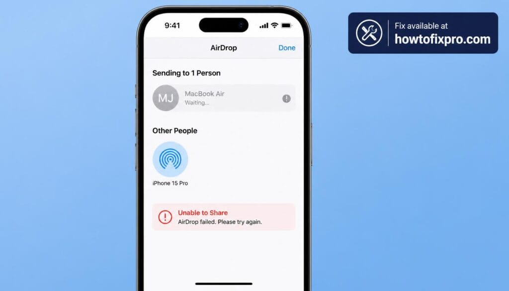 iPhone AirDrop not working with an error message on the sharing screen – a common scenario when AirDrop fails to discover devices.