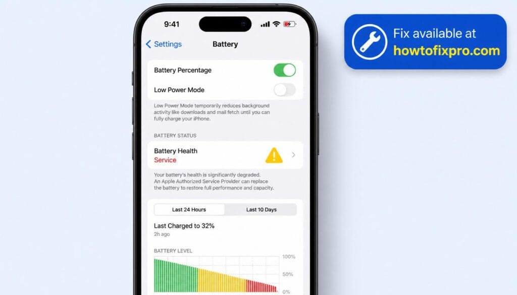 iPhone battery draining fast with a battery warning icon on the settings screen – a common scenario when battery life depletes rapidly.