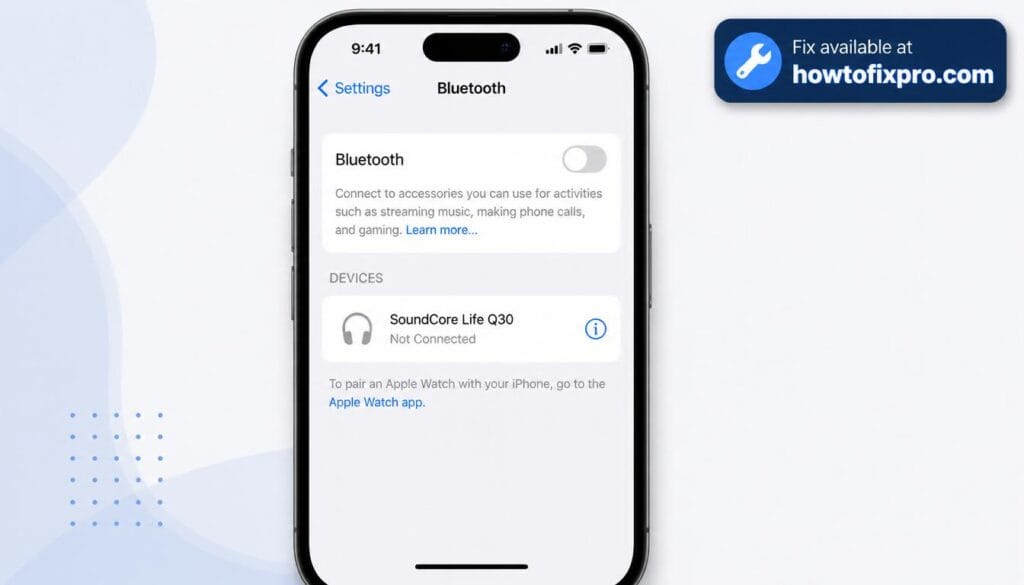 iPhone Bluetooth not working with a greyed-out toggle on the settings screen – a common scenario when Bluetooth fails to function.
