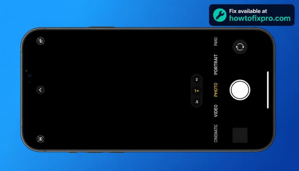 iPhone camera black screen with a frozen viewfinder on a modern iPhone – a common scenario when the camera fails to display an image.