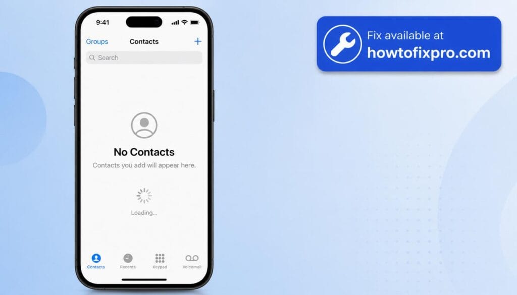 iPhone contacts not syncing with a "No Contacts" error on the screen – a common scenario when contacts fail to appear.