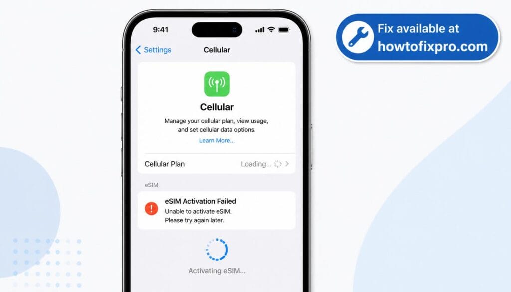 iPhone eSIM not activating with an error message on the Cellular settings screen – a common scenario when eSIM activation fails.