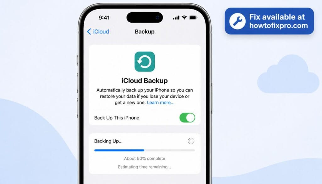 iPhone iCloud backup stuck with a frozen progress bar on the settings screen – a common scenario when the iCloud backup fails to complete.
