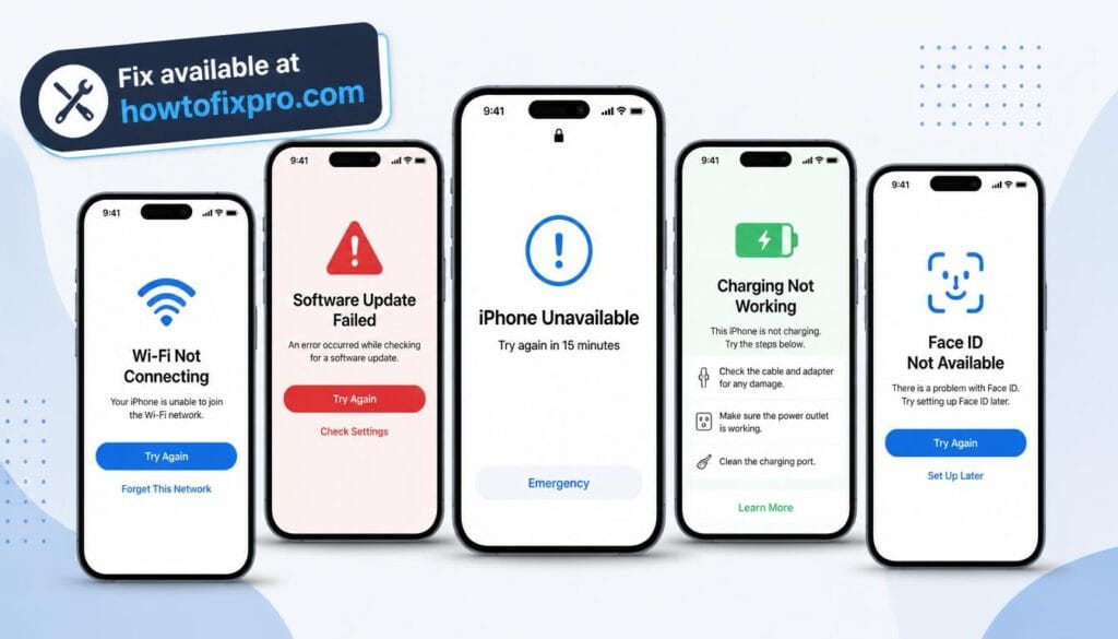 iPhone iOS troubleshooting hub with various error screens on multiple iPhones – a comprehensive resource for fixing iOS issues.