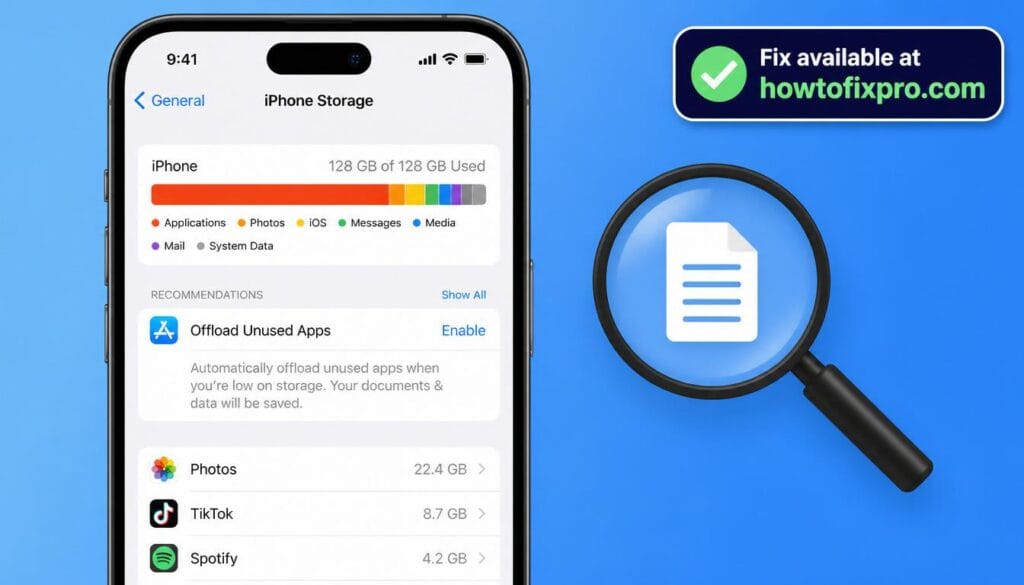 iPhone storage full but nothing there with a full storage bar on the settings screen – a common scenario when storage appears full without visible files.