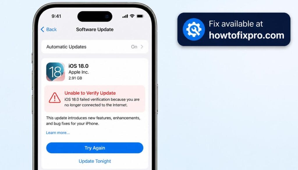 iPhone Unable to Verify Update error message on the Software Update screen – a common scenario when the iOS update verification fails.