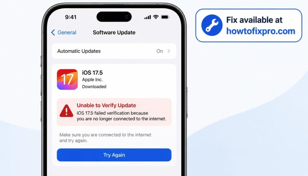 iPhone Unable to Verify Update error message on the Software Update screen – a common scenario when the iOS update verification fails.