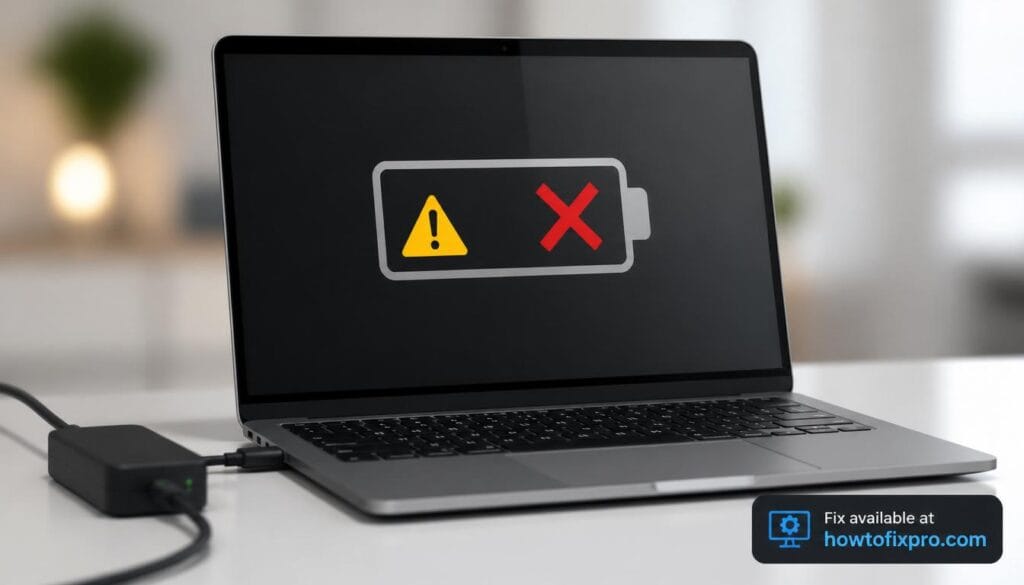 Laptop battery plugged in not charging with a warning icon on the battery indicator – a common scenario when the laptop fails to charge.
