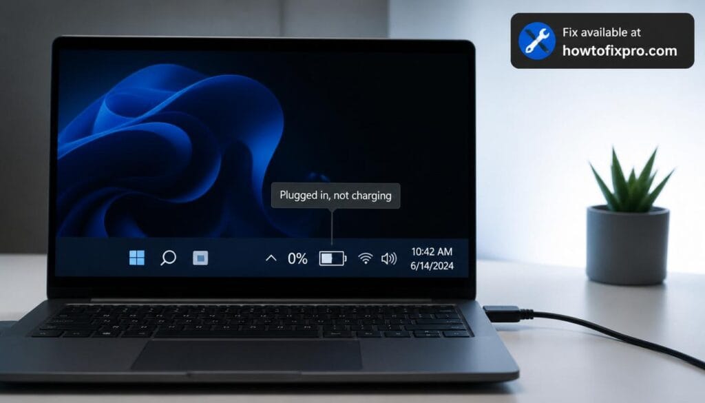 Laptop battery plugged in not charging - power icon showing stuck percentage
