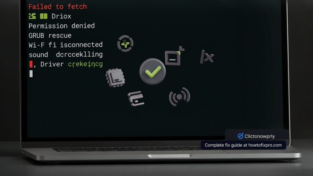 Linux troubleshooting hub - terminal showing error messages and fix commands