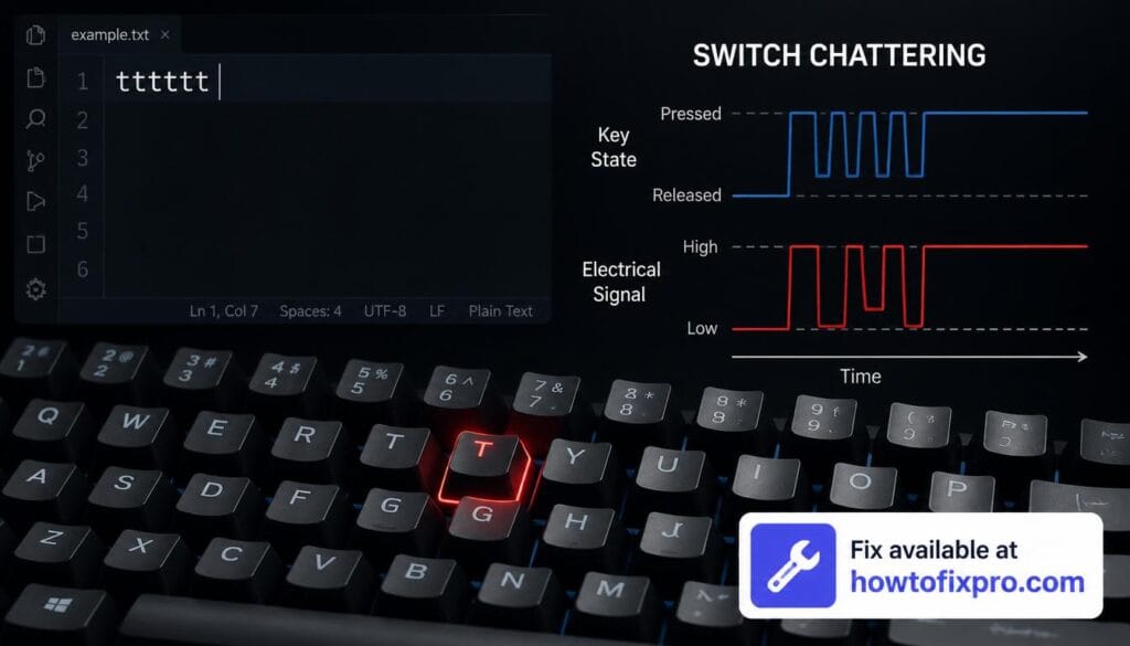 Mechanical keyboard typing double letters - text editor showing repeated characters
