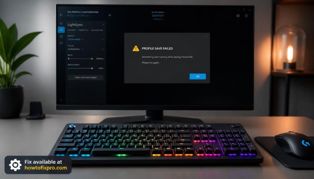Mechanical keyboard RGB software not saving profiles with an error message on the monitor – a common scenario when custom lighting settings fail to stick.