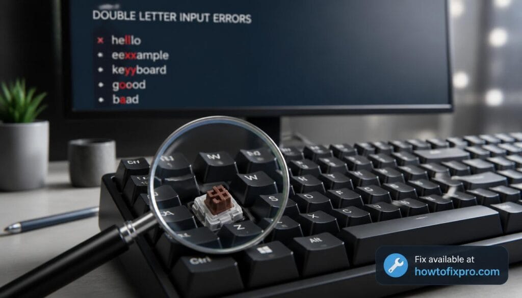 Mechanical keyboard typing double letters with a magnifying glass on a switch – a common scenario when key chattering occurs.