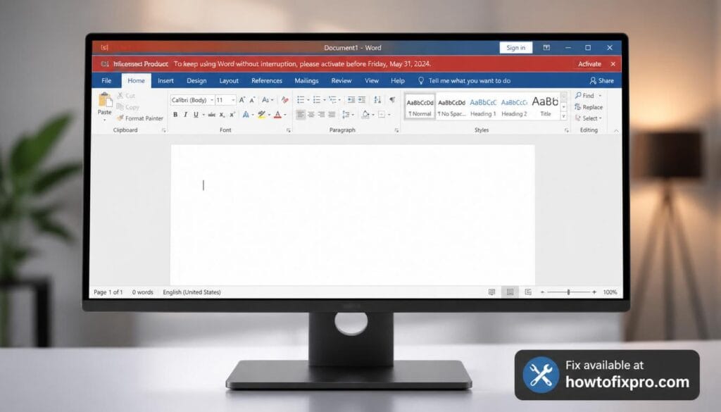 Microsoft 365 activation error with an "Unlicensed Product" warning on the screen – a common scenario when Office activation fails.