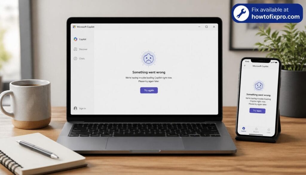 Laptop and phone showing Microsoft Copilot not opening error – a common scenario when Microsoft Copilot not opening occurs