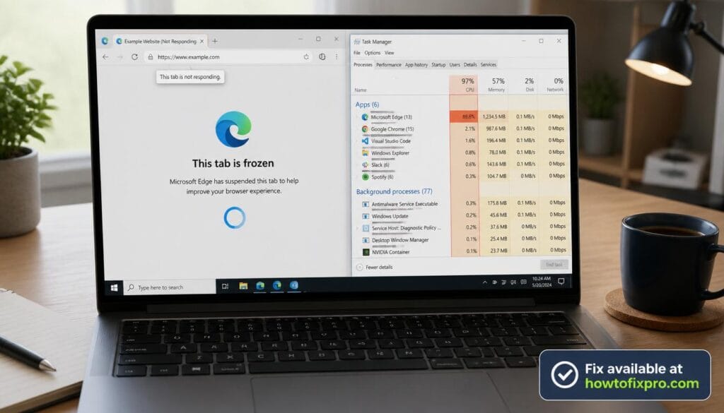 Laptop screen showing Microsoft Edge slow freezing error with high CPU usage – a common scenario when Microsoft Edge slow freezing occurs