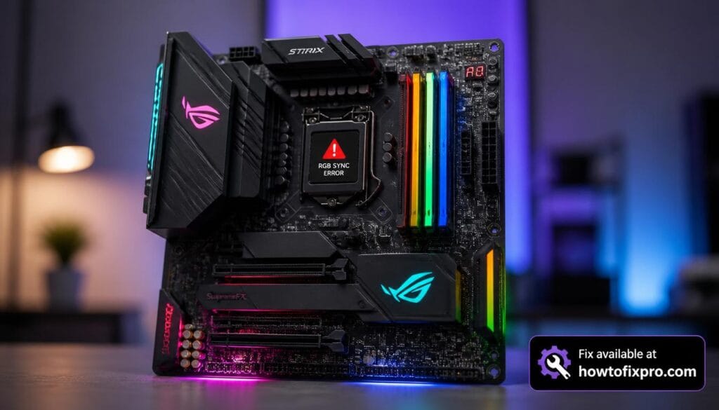 Motherboard RGB not syncing with mismatched colors on a gaming motherboard – a common scenario when RGB control fails.