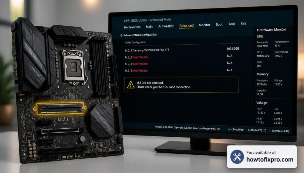 NVMe M.2 SSD not showing in BIOS with a storage device list missing the drive – a common scenario when the motherboard fails to detect the SSD.