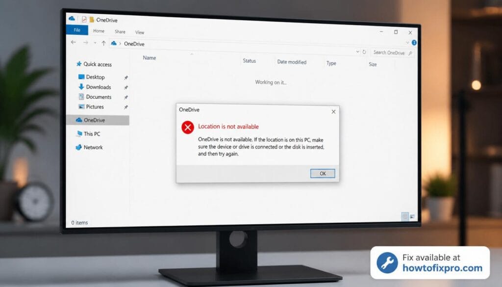 OneDrive location not available error with a red warning on the screen – a common scenario when OneDrive cannot access the specified location.