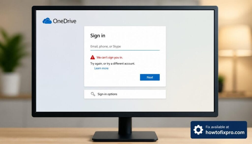 OneDrive sign in error with a red "We can't sign you in" message on the screen – a common scenario when OneDrive authentication fails.