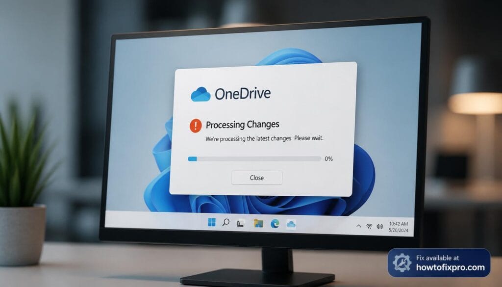 OneDrive sync stuck on processing with a frozen progress bar on the screen – a common scenario when OneDrive fails to complete syncing.